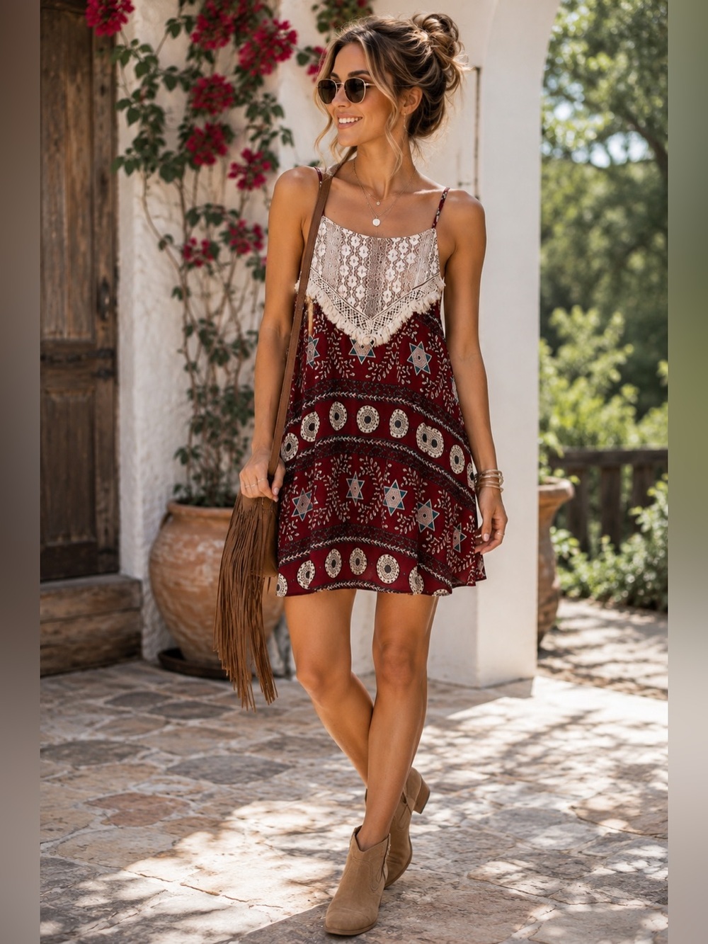 Hayden Boho Crochet Lace Mini Dress Burgundy Floral Festival NWT Medium